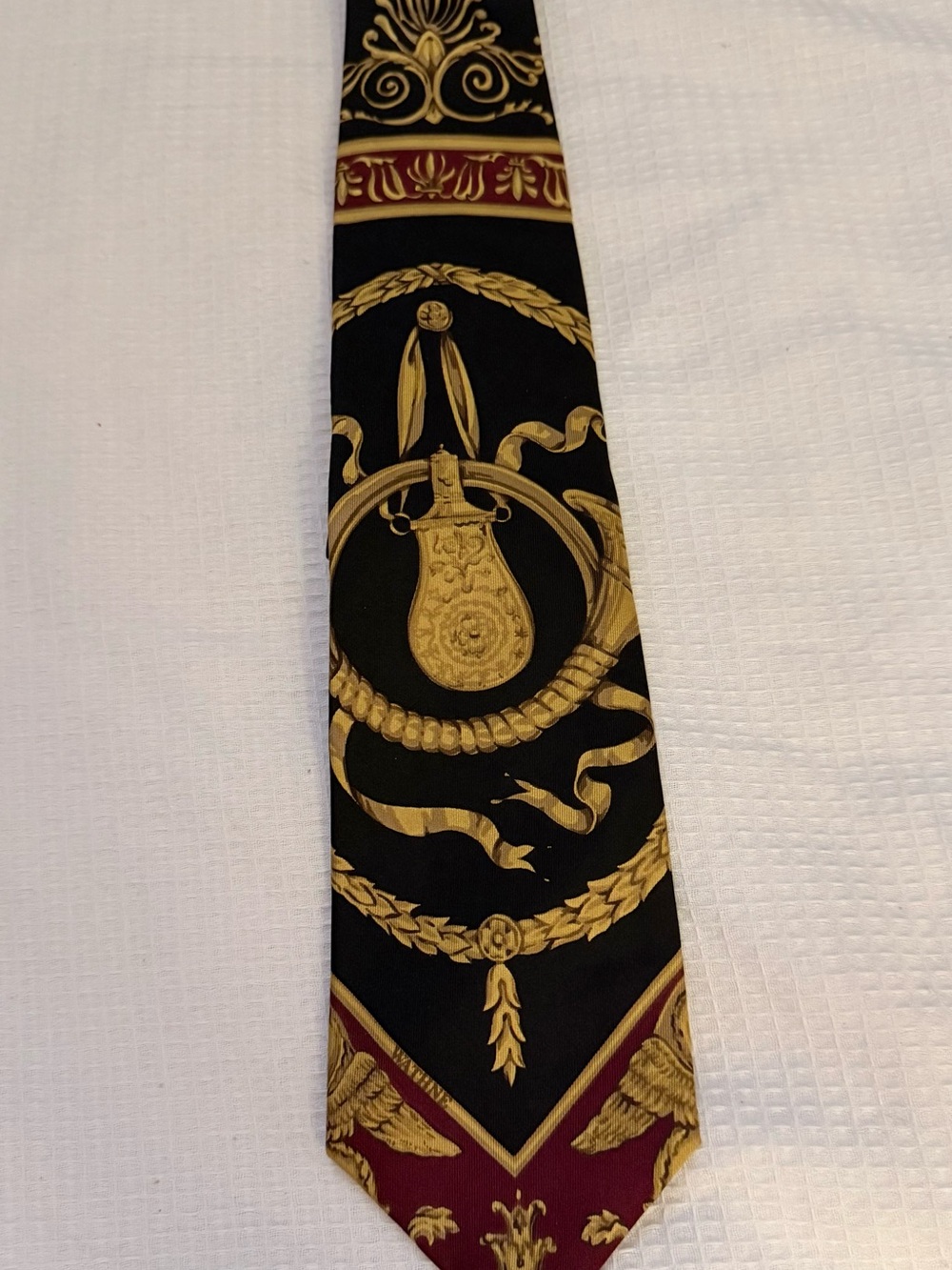 Vintage Wathne Black Silk Tie with Gold Medallion and Burgundy Accents